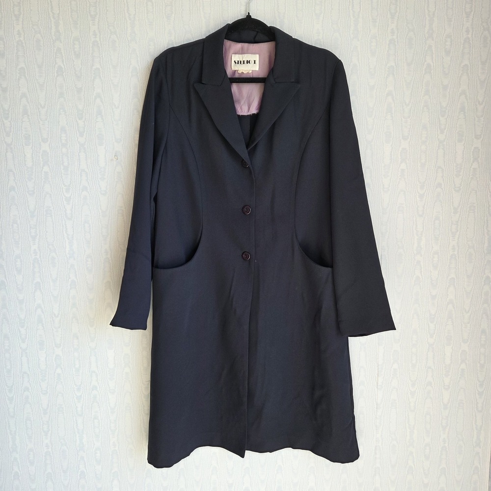 Vtg‎ 90s Studio I Jacket Dress Womens Large Longline 3 Button Knee Length Navy